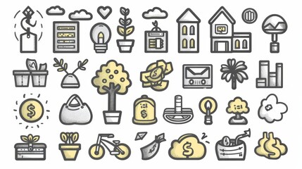 Poster - Money tree in flowerpot, building, purse, dollar coin, paper currency bills, growing arrows, piggy bank, pos terminal, scales, finance doodle icons.