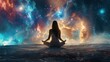 Beautiful, attractive woman meditating in the cosmic background. Environment. Glowing cosmos.