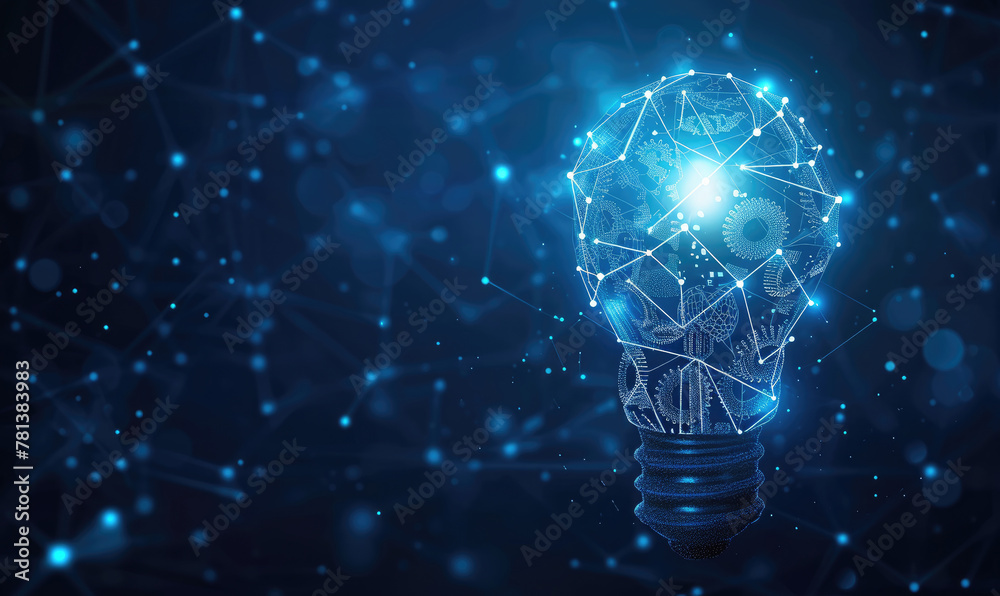 Abstract blue glowing light bulb with gears inside. Machine learning ...