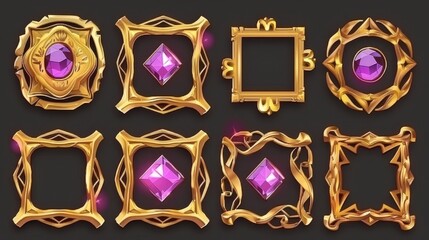 Poster - vintage fantasy golden frames for rpg game ui design. modern cartoon set of empty square banners wit