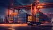 Industrial Container Cargo freight ship with working crane bridge at night for Logistic Import Export background.