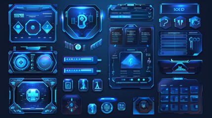Poster - The set of blue glossy user panels with sliders, modern boards design templates includes game menu interfaces, cartoon options, settings, adventure plates with UI buttons and progress bars.