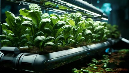 Poster - Smart farming, automated industrial robotic arm picking up plants in a greenhouse, industrial scale