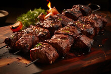 Delicious Bbq Grilling On Kitchen. Food Festival Tasty Food Roasting On Skewers, Food Court. AI