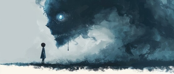 Wall Mural - a girl stands in front of a large, scary monster by ai generated image