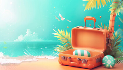 Poster - A suitcase is open on a beach with a palm tree in the background by AI generated image