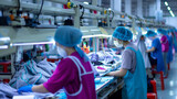 Fototapeta  - A vibrant image of workers in a textile factory, focused and busy in their colorful environment.