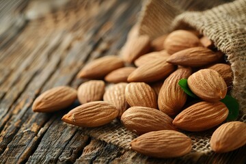 A bag filled with almonds sitting on top of a wooden table