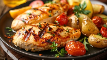 Poster - Plate of chicken and potatoes with a beer glass