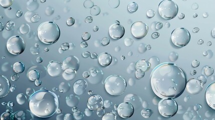 Poster - 3d clear glass drop steam texture set. Modern illustration of condensation water droplets on transparent background. Liquid wet surface png illustration with white reflection.