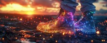 Alien Planet Trekker, Futuristic Footwear, Innovative Shoes Designed For Exploration Across Unknown Extraterrestrial Landscapes, Glowing With Otherworldly Colors And Strange Flora