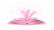 Illustration of a realistic open book with blank pages flying on a white background. Illustration of a school library, book publishing, bookstore design icon. Reading hobby. A pink fairy tale story