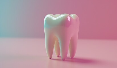 Shiny healthy tooth on pink background reflecting light