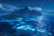 Create an AI-rendered scene of an archipelago at night, with the islands illuminated by the soft glow of moonlight and bioluminescent plankton shimmering in the water