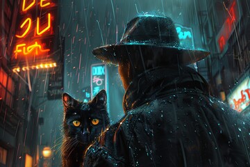 Wall Mural - A sleek black cat prowls the rain-soaked streets alongside a trench-coated detective, their eyes reflecting the dim glow of neon signs and the promise of danger.