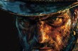 a Close-up on a rugged cowboy's weather-beaten face, his steely gaze reflecting the harsh realities of life on the frontier as he prepares to confront the challenges