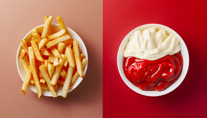 Wall Mural - Collage of tasty french fries with ketchup and mayonnaise on color background, top view