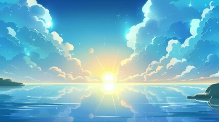 Canvas Print - An anime cloud in blue heaven sky with gradient and reflections on a calm morning game outdoor panorama in the sunshine.