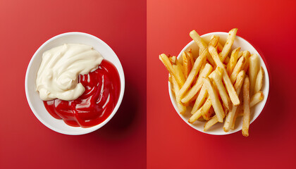 Wall Mural - Collage of tasty french fries with ketchup and mayonnaise on color background, top view