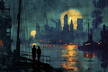 Wall Mural - On the docks of the Hudson River, a clandestine meeting takes place beneath the cover of darkness, as two shadowy figures exchange secrets that could shake the very foundations of the city