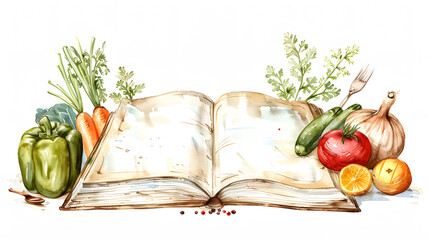 Cooking concept template. Open cookbook with copy space and Homemade canned vegetables  Watercolor hand drawn illustration, isolated on white background