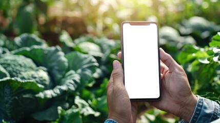 Mockup mobile phone blank white screen, hands holding smartphone empty display use for application information