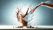 Chocolate and cocoa water dynamic splash being poured into a glass on the blue background with copy space. Creative image for advertising
