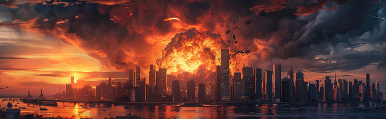 Wall Mural - A city is shown with a large explosion in the sky by AI generated image