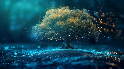Poster - A digital illustration of a tree with branches seamlessly integrated into a complex cyber data network, symbolizing the fusion of nature and technology.