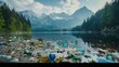 beautiful mountain and lake landscape with big pollution of plastic bottles