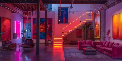 Wall Mural - Vibrant s Loft with Neon Framed Contemporary Art and Electric Hues