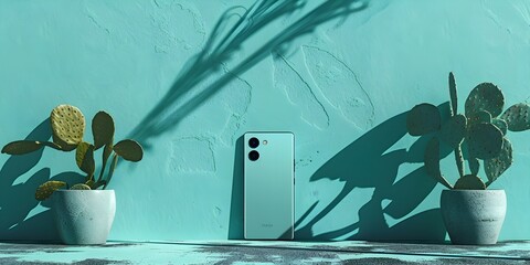 Poster - Sleek Smartphone Displayed on Turquoise Surface Highlighting Modern Design and Connectivity
