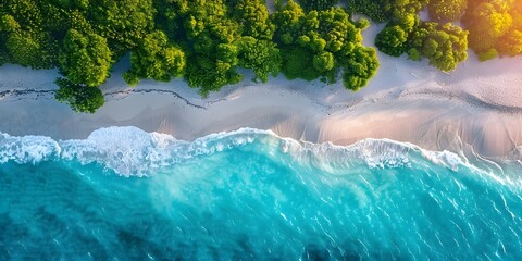 Wall Mural - Aerial Capture of Turquoise Waves Merging with the Horizon Revealing the Allure of Exotic Beach Destinations