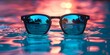 Trendy Turquoise Sunglasses Reflecting a Serene Tropical Sunset Landscape