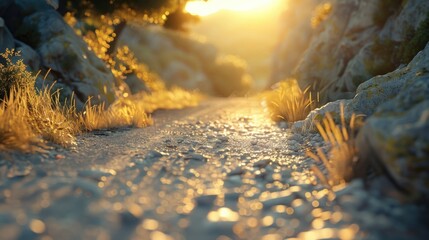 Wall Mural - Golden Hour Sunlight on a Serene Mountain Trail