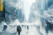 Bustling city street scene where pedestrians wear tech-enhanced masks, Urban winter scene, misty atmosphere as pedestrians navigate busy cityscape, enveloped by swirling clouds of steam