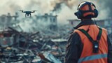Fototapeta  - Disaster Response Team Operating Drone in Ruined Cityscape
