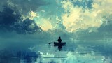 Fototapeta  - Conceptual illustration of a man lost in the vastness of the ocean, paddling on a canoe amidst calm waters, conveying a sense of solitude and inner reflection.