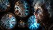Visage d'une vieille femme devant un mur d'horloges lumineuses