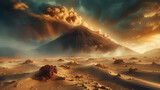 Paysage désertique et volcanique avec un volcan en éruption, terre fumante pour un effet post-apocalyptique
