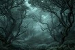 A mysterious and eerie forest scene with dense fog and twisted trees
