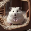 a cuddly white hamster sitting on a wooden wheel
