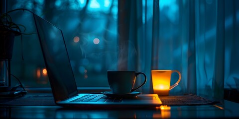 Poster - The glow of a laptop screen casting a warm light in a dimly lit room signaling a late night work session with a solitary cup of coffee on the desk