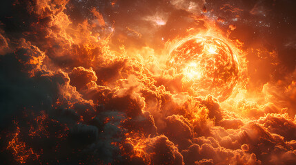 dramatic depiction of an apocalyptic event, with a planet engulfed in flames amidst a tumultuous, fi