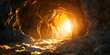 Sunlight streaming into cave entrance, illuminating rocky walls, Jesus tomb stone