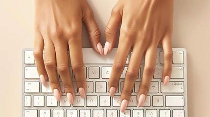 Female human hands typing on a computer keyboard, manicured nails, natural skin tones