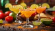 Vibrant Assorted Margaritas With Salted Rims, Citrus Garnishes, On A Dark Bar Counter Background. Mexican Summer Party, Bar and Restaurant Menus. AI Generated