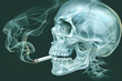 A human skull with a lit cigarette in its mouth, enveloped by intricate patterns of swirling smoke, conveying the impact of smoking.