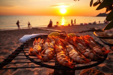 Wall Mural - Prawns BBQ, Grilled Shrimps, Seafood Grill on Thailand Beach, Prawns on Open Fire, Barbecue