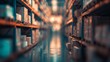 A blurred background of a warehouse with shelves filled with cardboard boxes and cargo